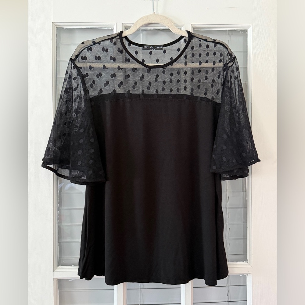 Kim & Cami Women’s XL Black Mesh Black Polka Dot Bell Sleeve Blouse | SKU 0212